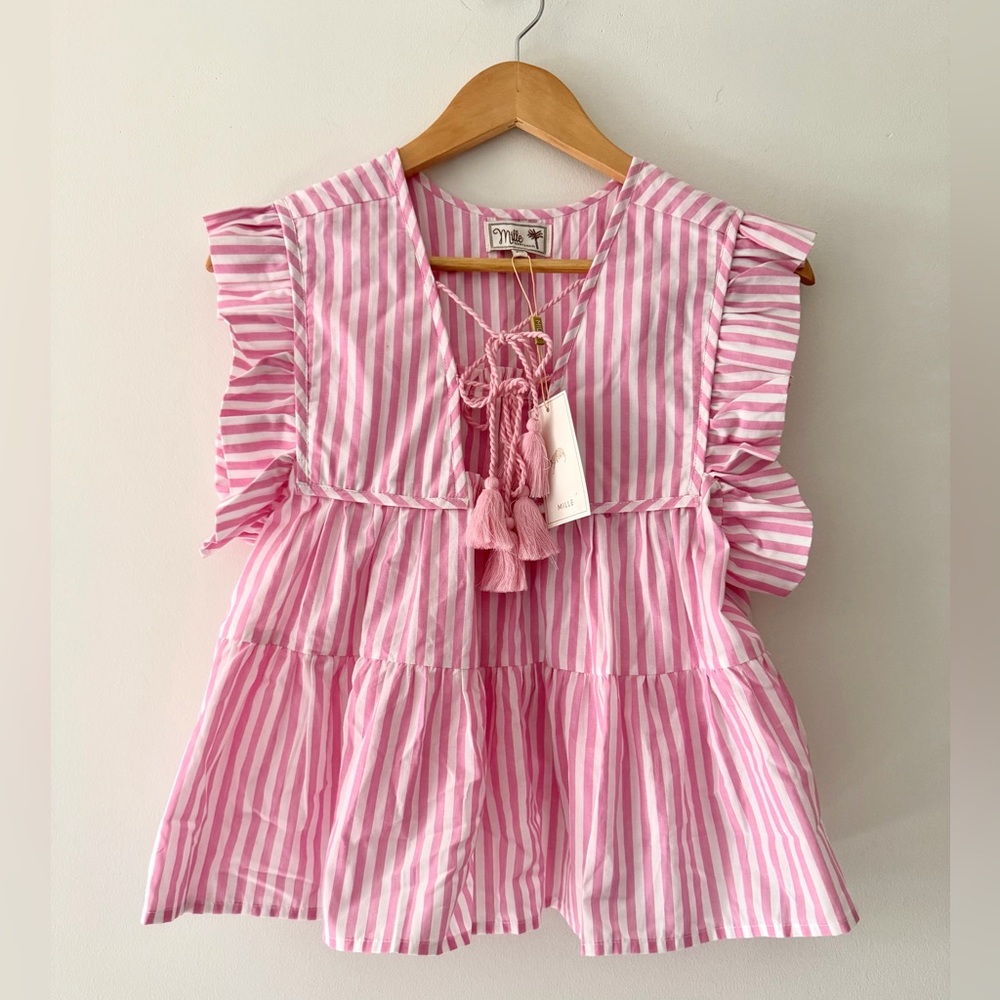 NEW Mille Chelsea Top in Bubblegum Stripe Pink White Tassel, XS - Picture 15 of 15